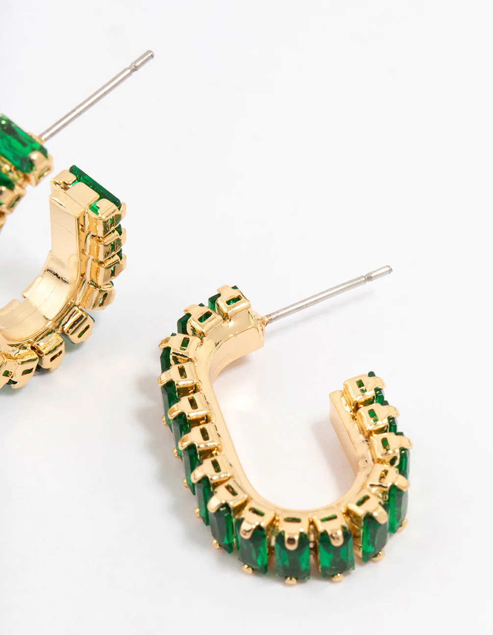 Gold Plated Horizontal Baguette Emerald Oval Hoop Earrings - Image 3