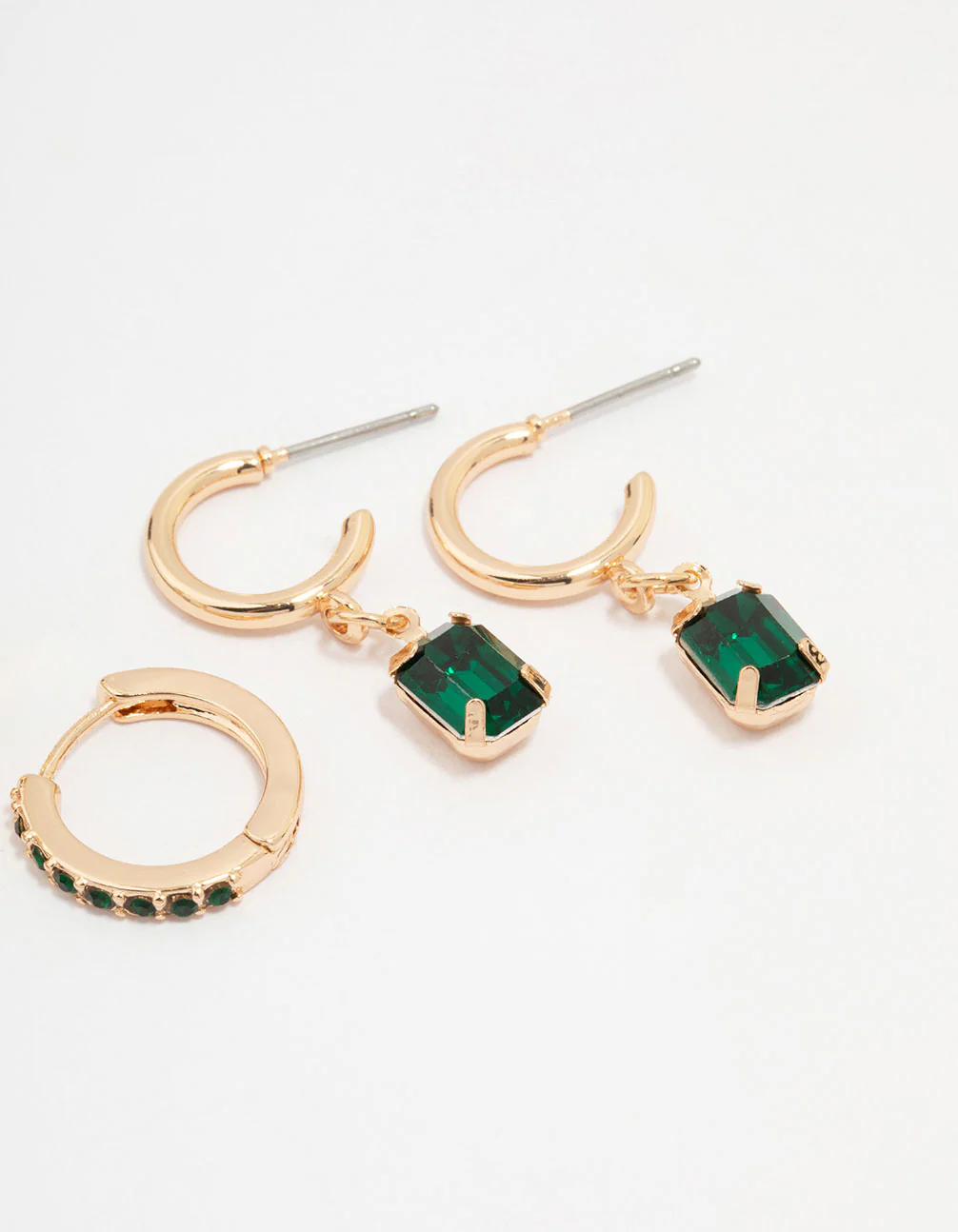 Gold Emerald Stud Earrings 3-Pack - Image 3