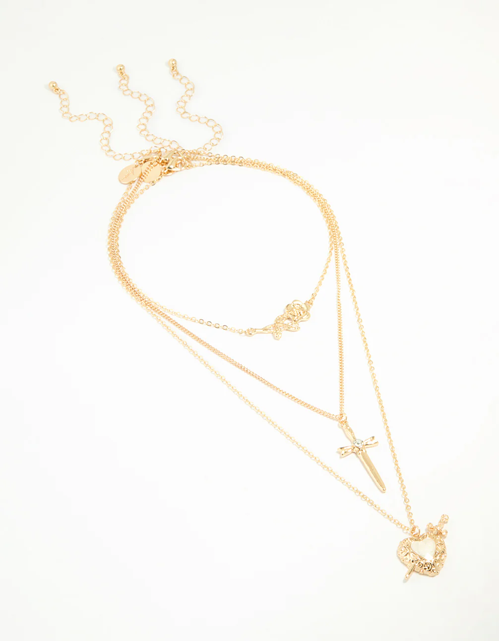 Gold Enamel Heart Rose & Cross Layered Necklace - Image 2