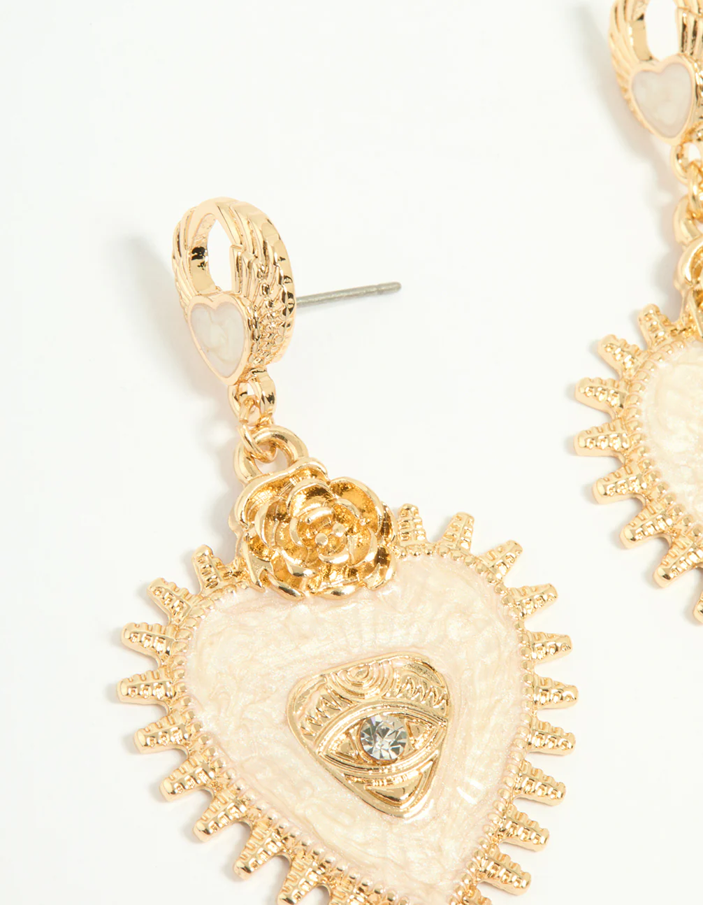 Gold Enamel Heart Rose & Evil Eye Drop Earrings - Image 2