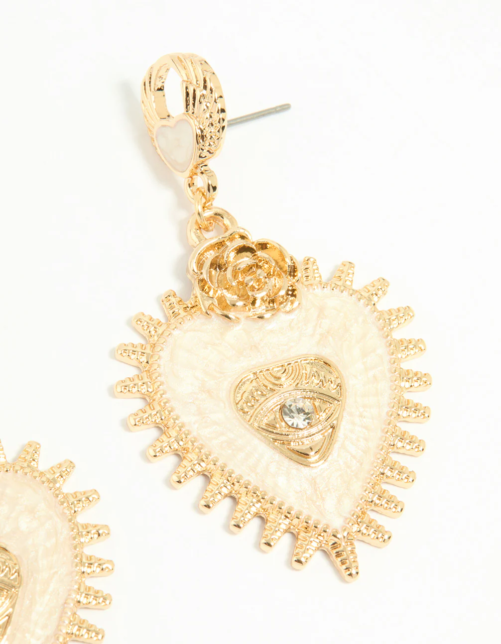 Gold Enamel Heart Rose & Evil Eye Drop Earrings - Image 3