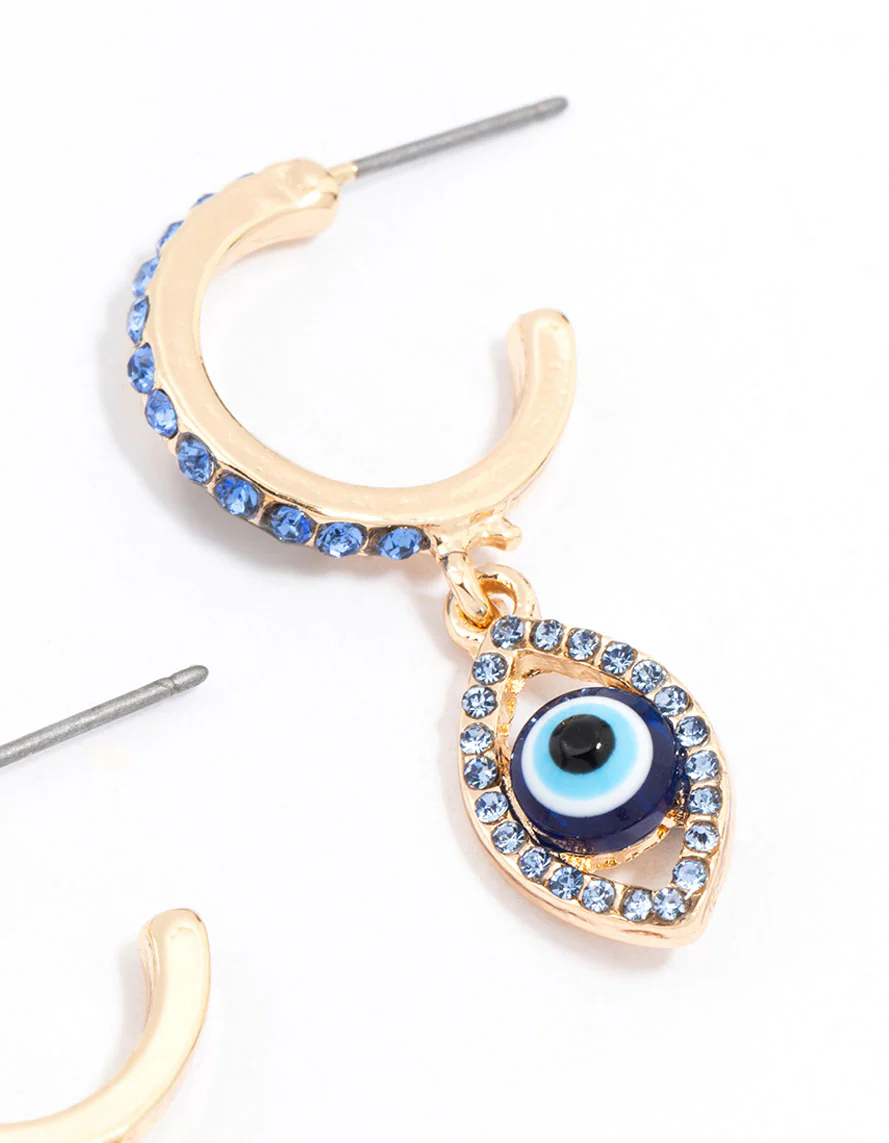 Gold Evil Eye Diamante Drop Earrings - Image 3