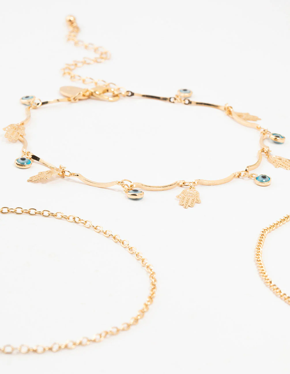 Gold Evil Eye & Hamsa Hand Anklets 3-Pack - Image 2