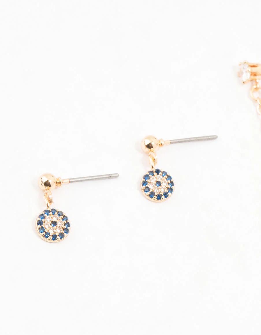 Gold Evil Eye & Hamsa Hand Chain Earrings 3-Pack - Image 2