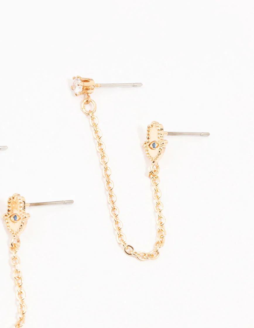 Gold Evil Eye & Hamsa Hand Chain Earrings 3-Pack - Image 3