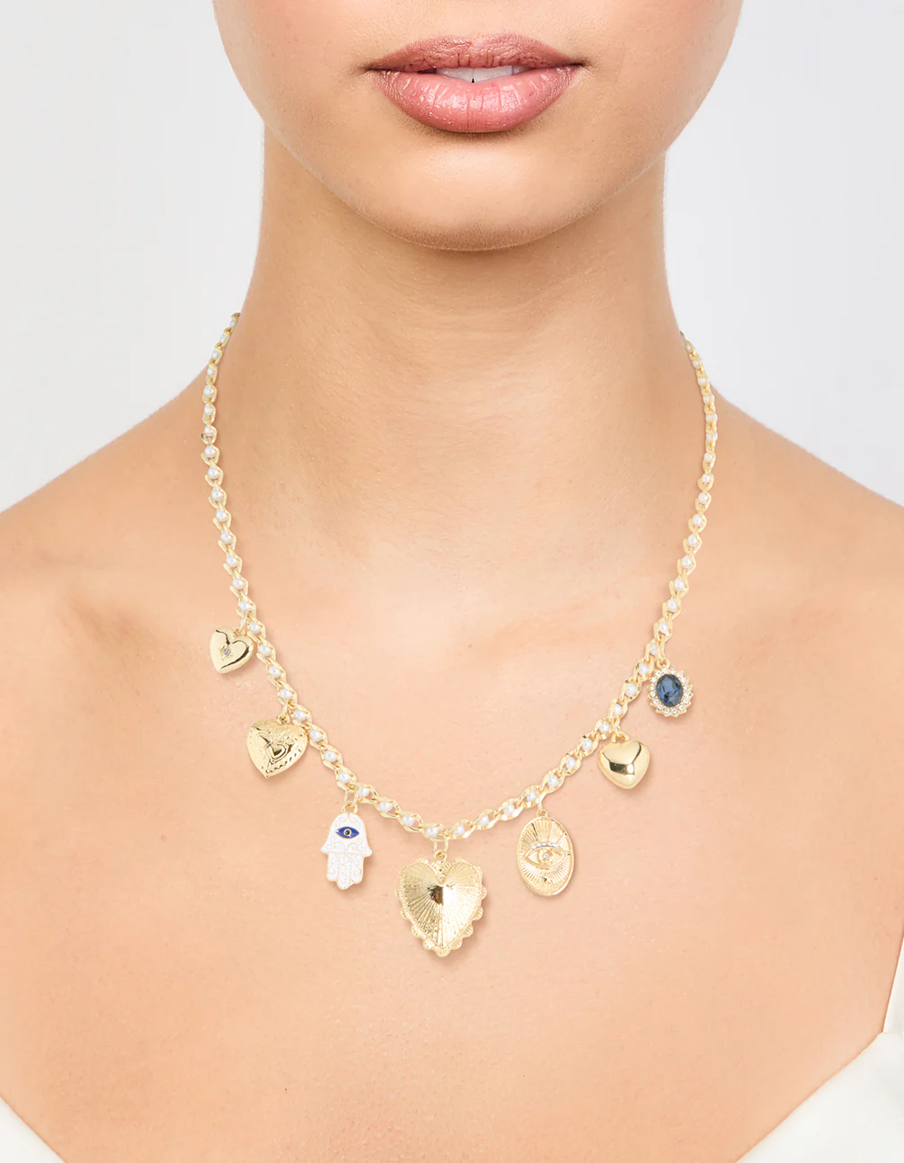 Gold Plated Evil Eye & Heart Charm Necklace - Image 2