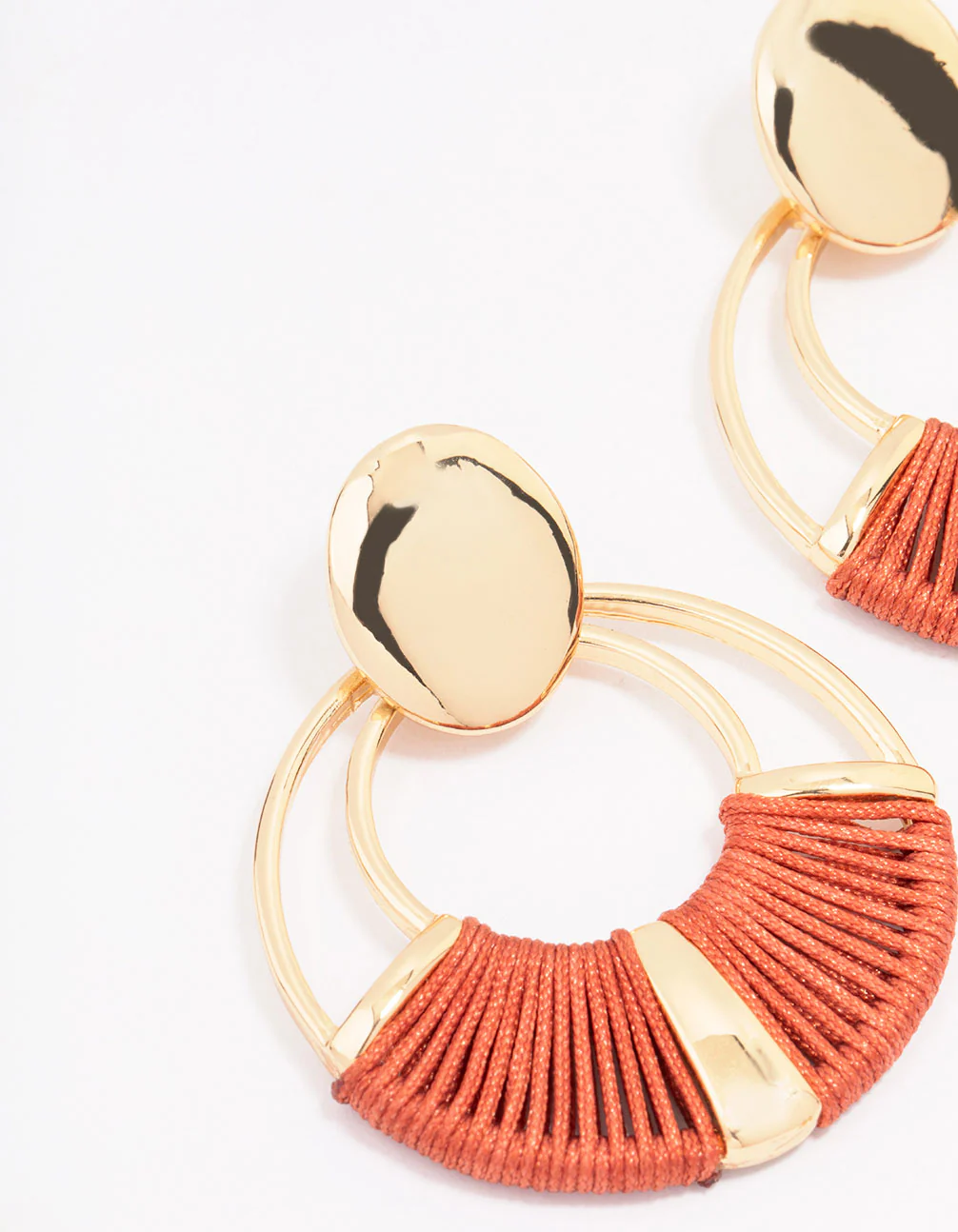 Gold Fabric Threaded Wrapped Circular Drop Earrings - Image 2