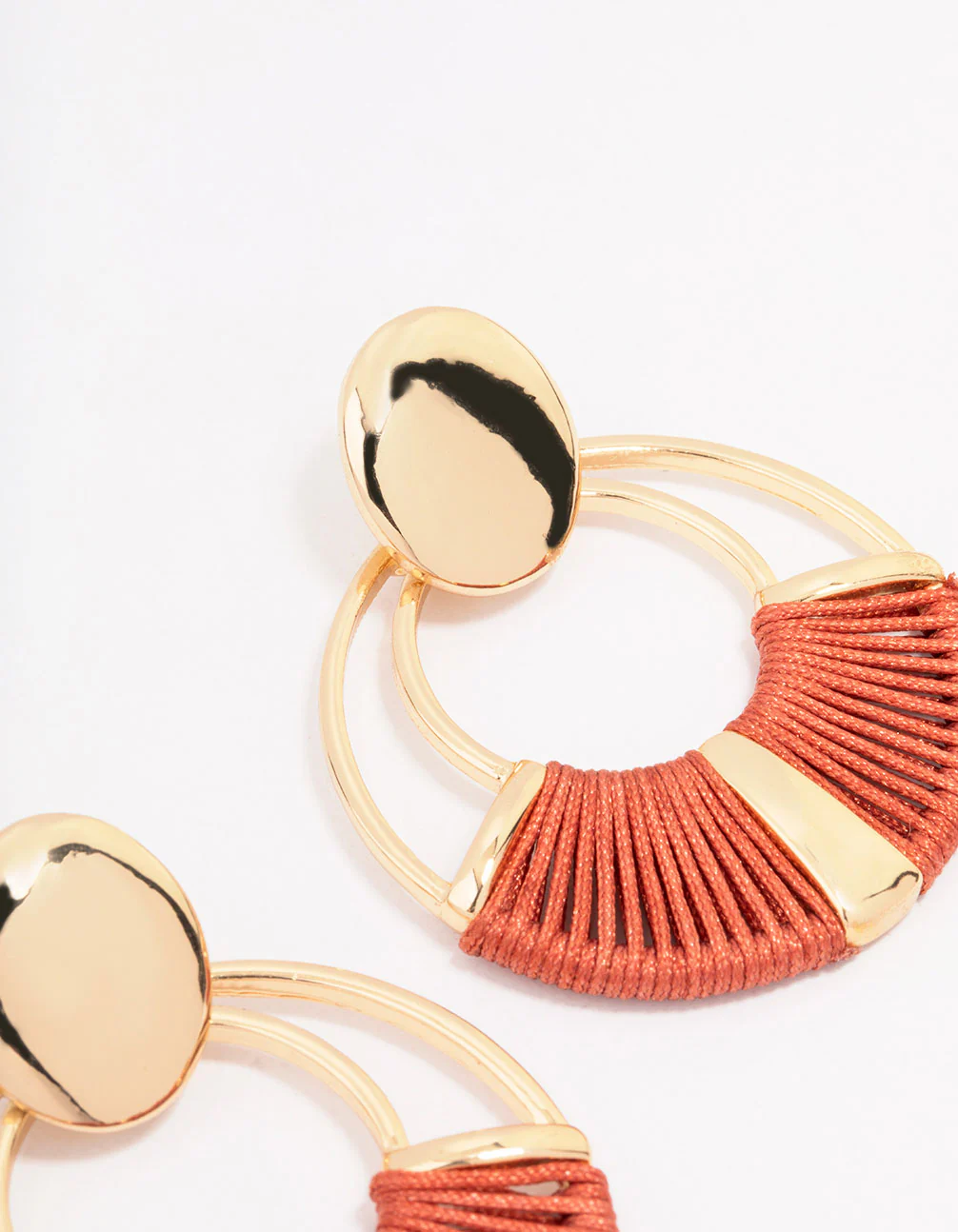 Gold Fabric Threaded Wrapped Circular Drop Earrings - Image 3