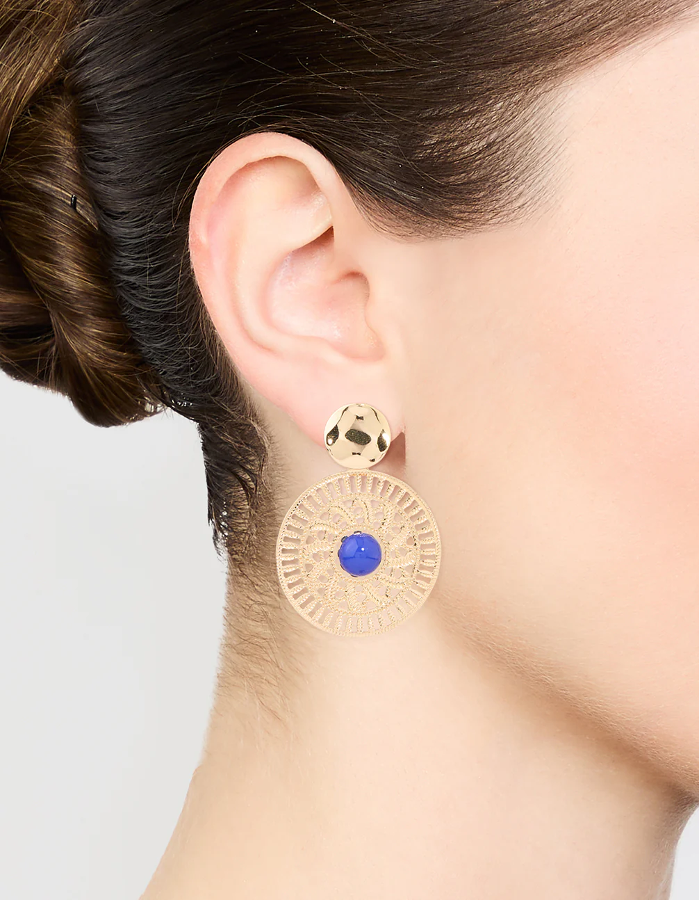Gold Filigree & Blue Marble Center Drop Earrings - Image 2