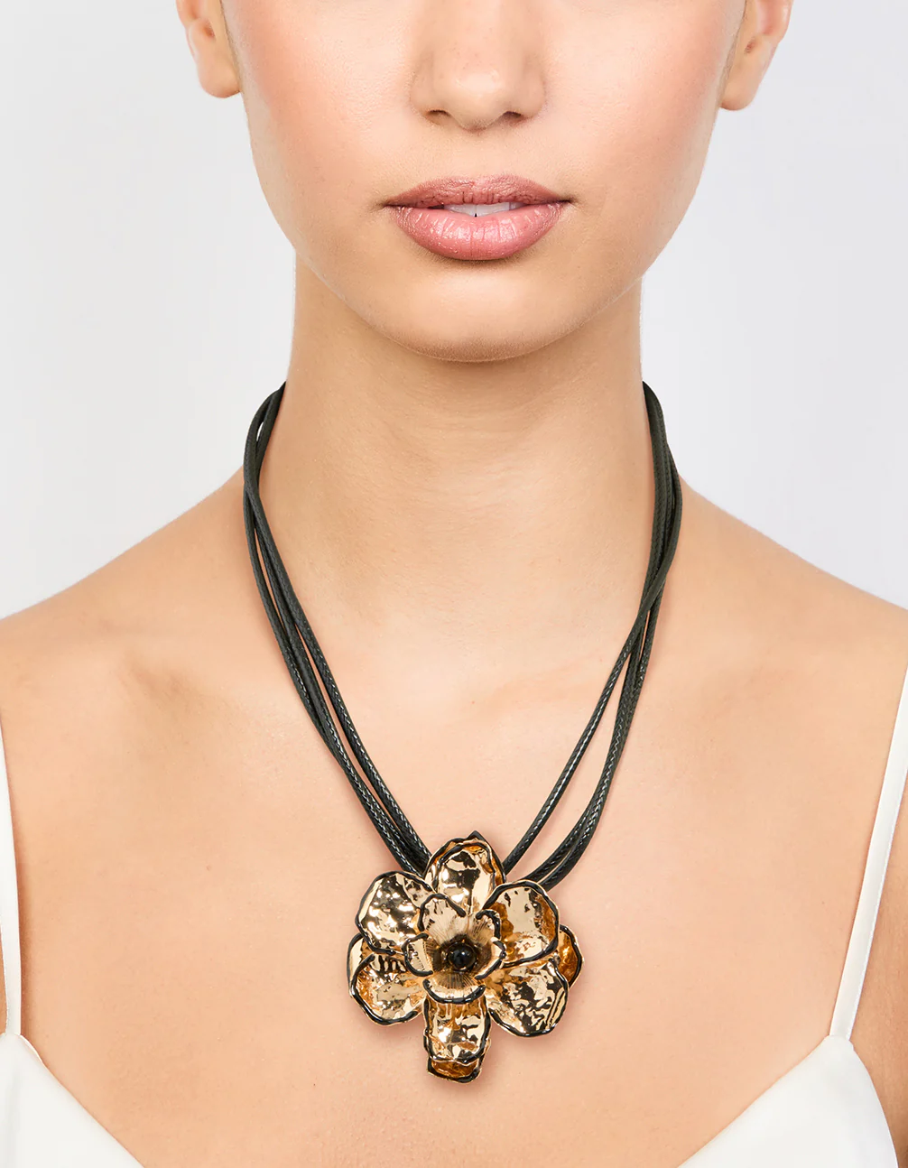 Gold Flower Fabric Black Cord Choker Necklace - Image 2