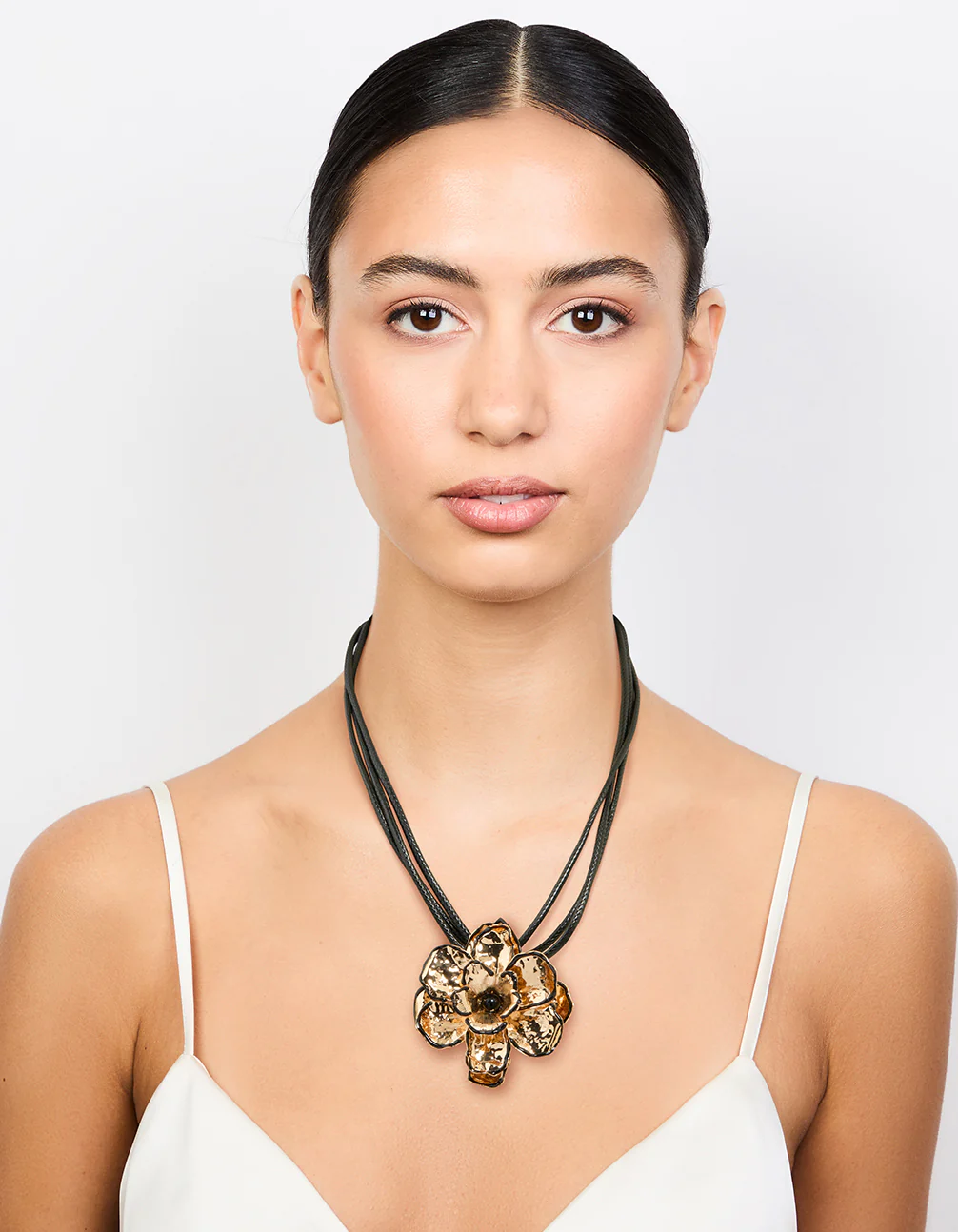 Gold Flower Fabric Black Cord Choker Necklace - Image 3
