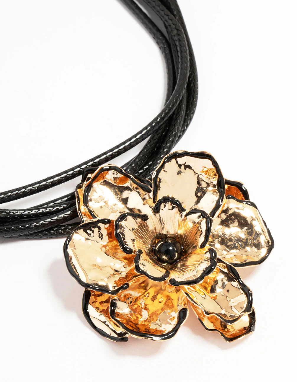 Gold Flower Fabric Black Cord Choker Necklace - Image 4