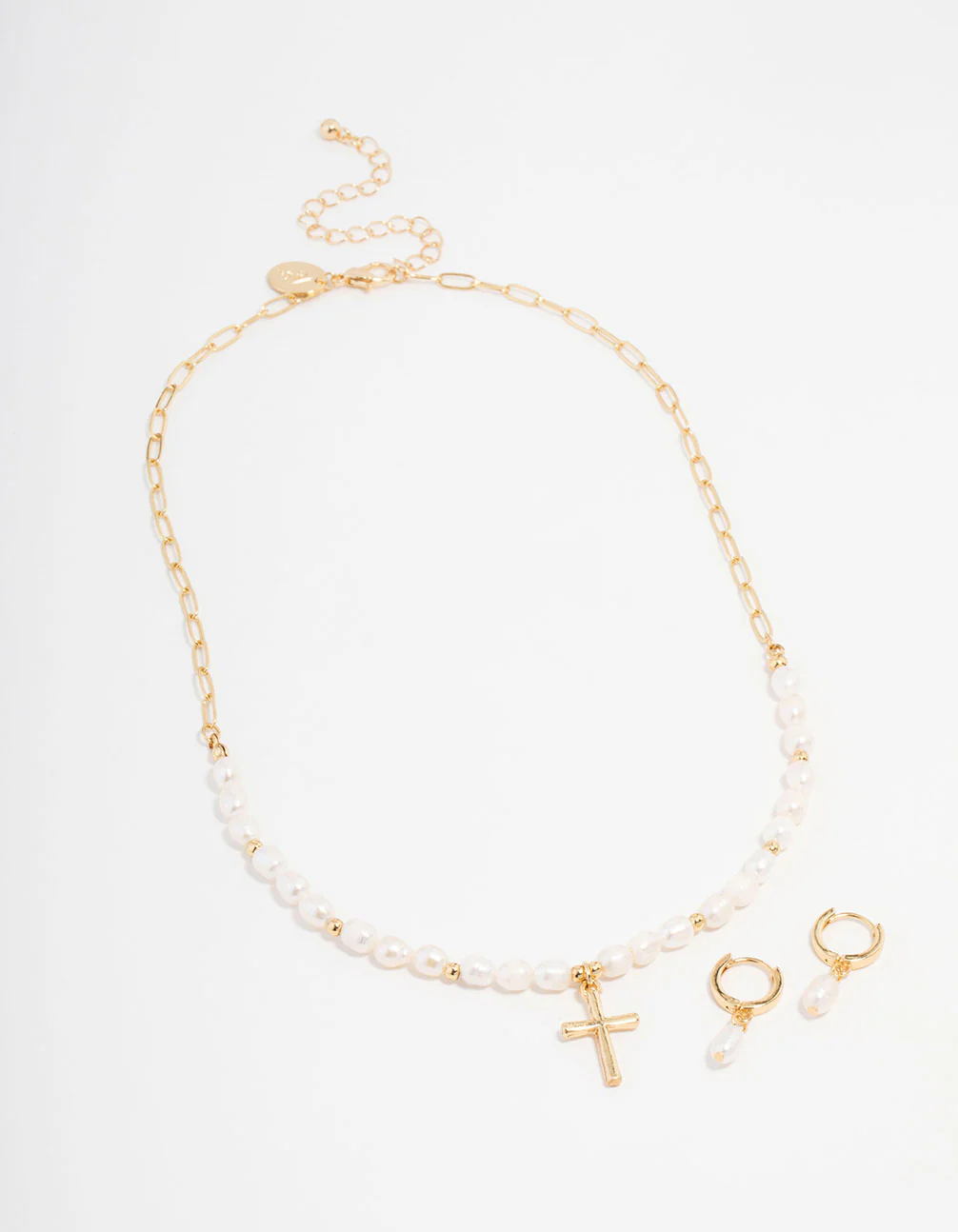 Gold Plated Freshwater Pearls Cross Necklace & Huggie Earrings Set - Image 2