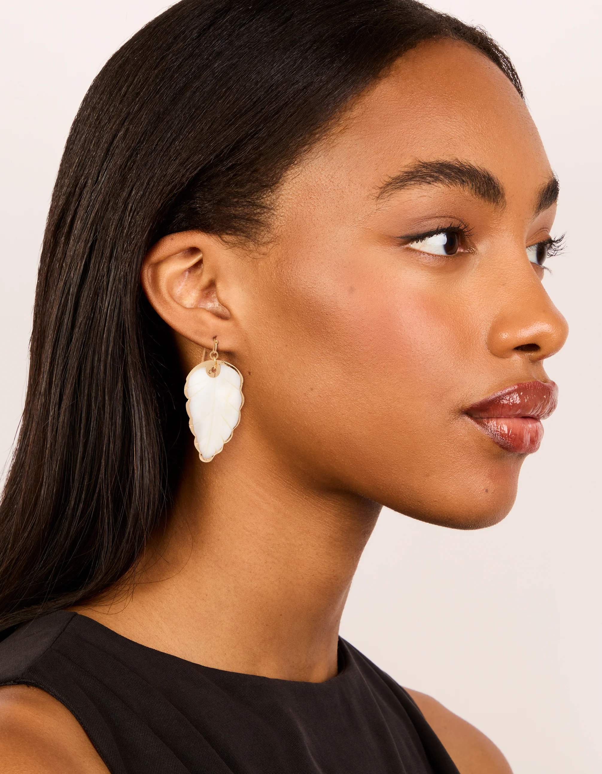 Gold Genuine Shell Leaf Drop Earrings - Image 3