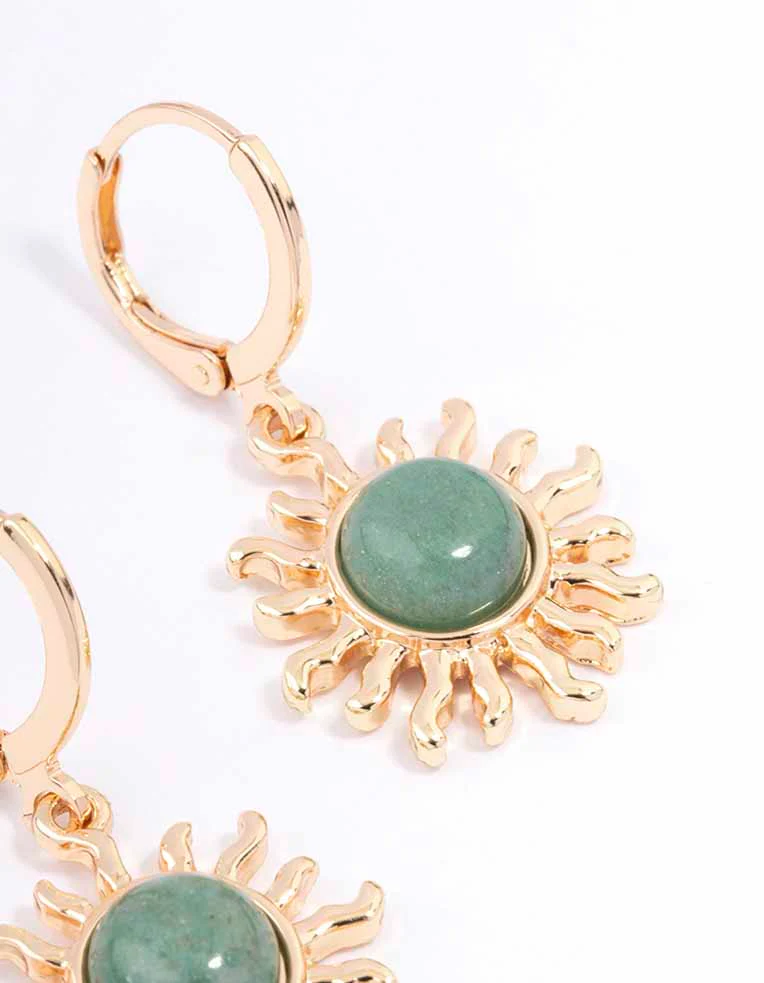 Gold Green Aventurine Sun Huggie Earrings - Image 3