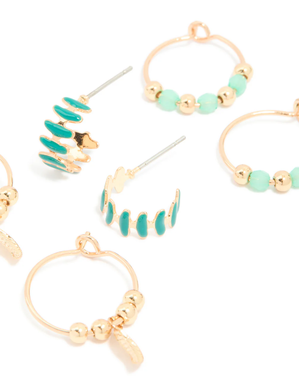 Gold Green Beaded & Leaf Huggie Earrings 3 Pack - Image 2