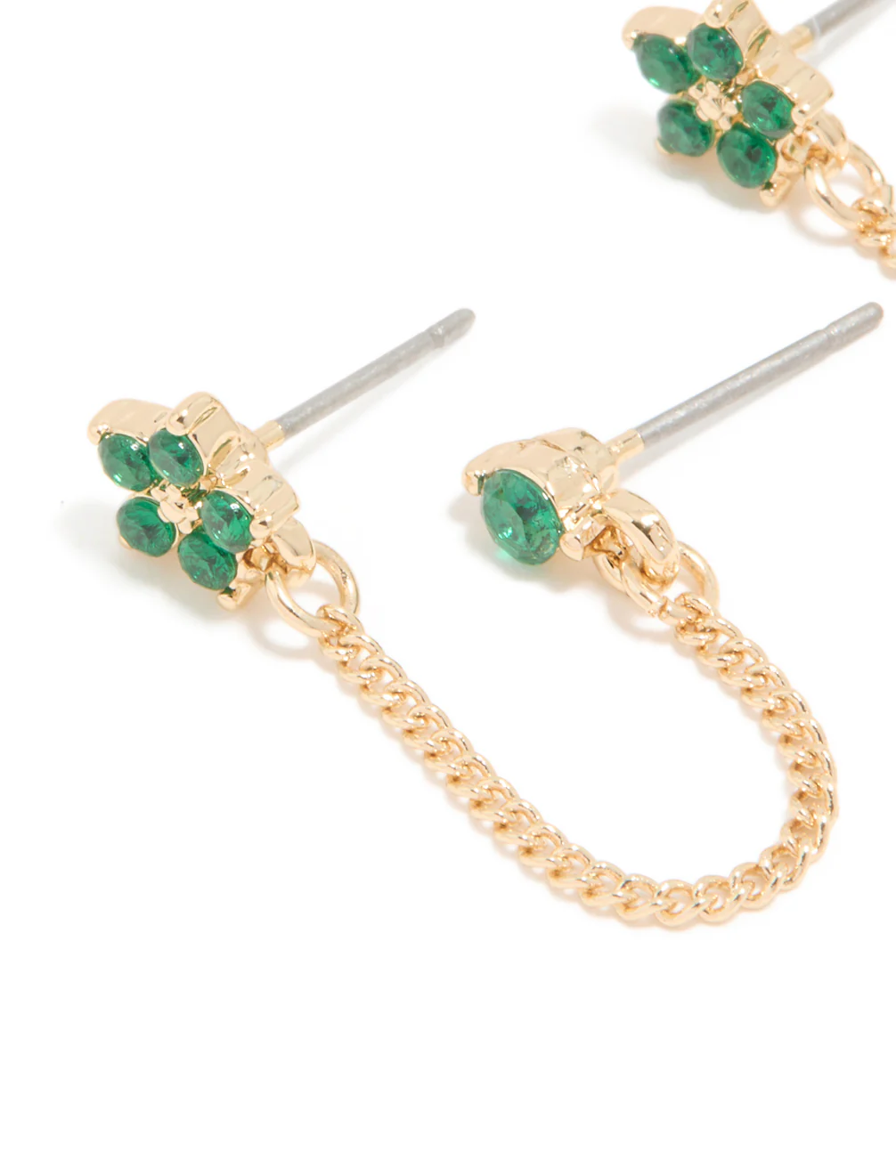 Gold Green Cubic Zirconia Floral Chain & Huggie Earrings 2-Pack - Image 4