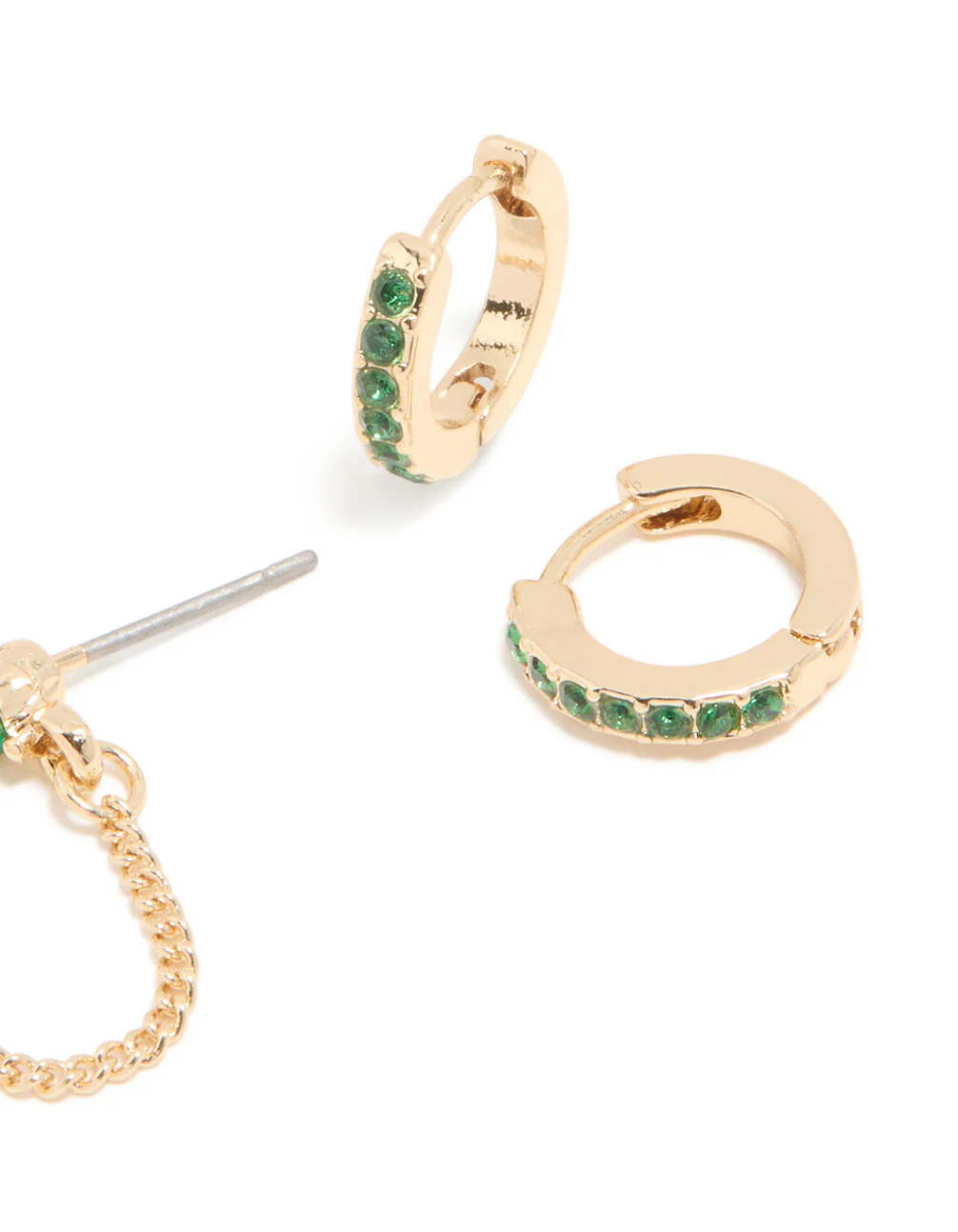 Gold Green Cubic Zirconia Floral Chain & Huggie Earrings 2-Pack - Image 5