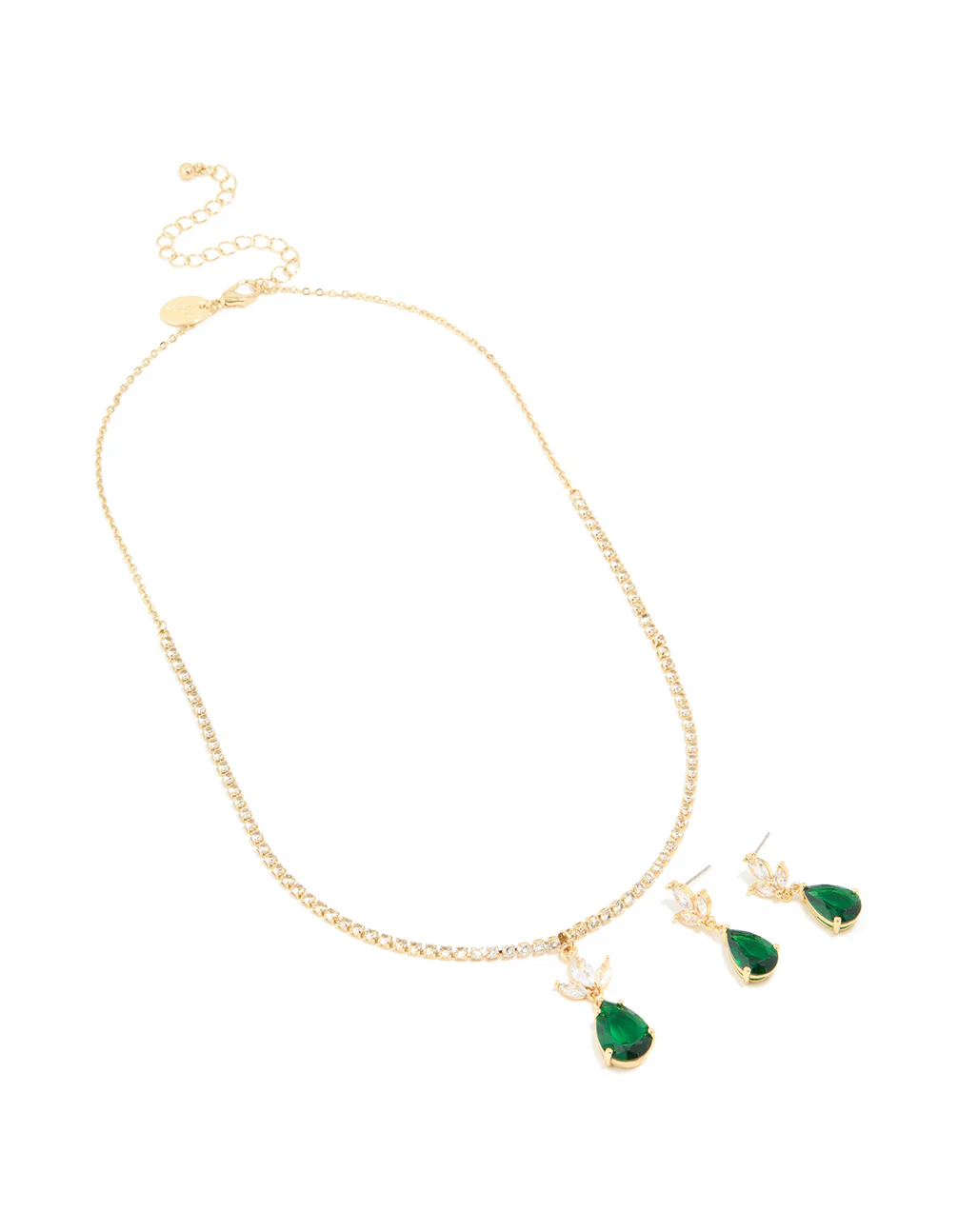 Gold Green Cubic Zirconia Pear Necklace & Earrings Set - Image 2