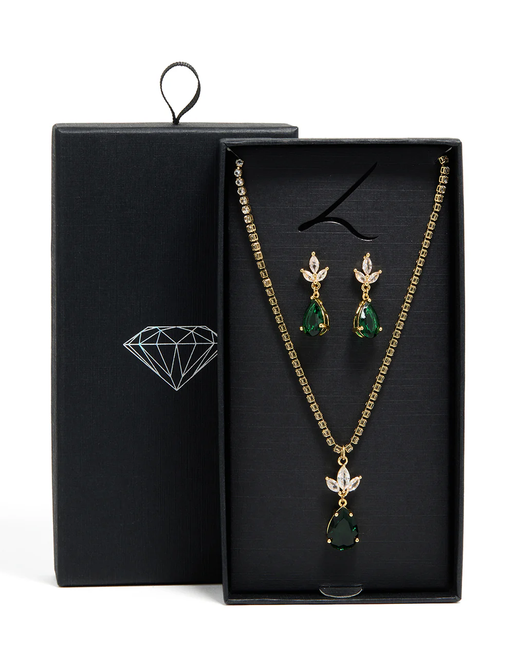 Gold Green Cubic Zirconia Pear Necklace & Earrings Set - Image 3