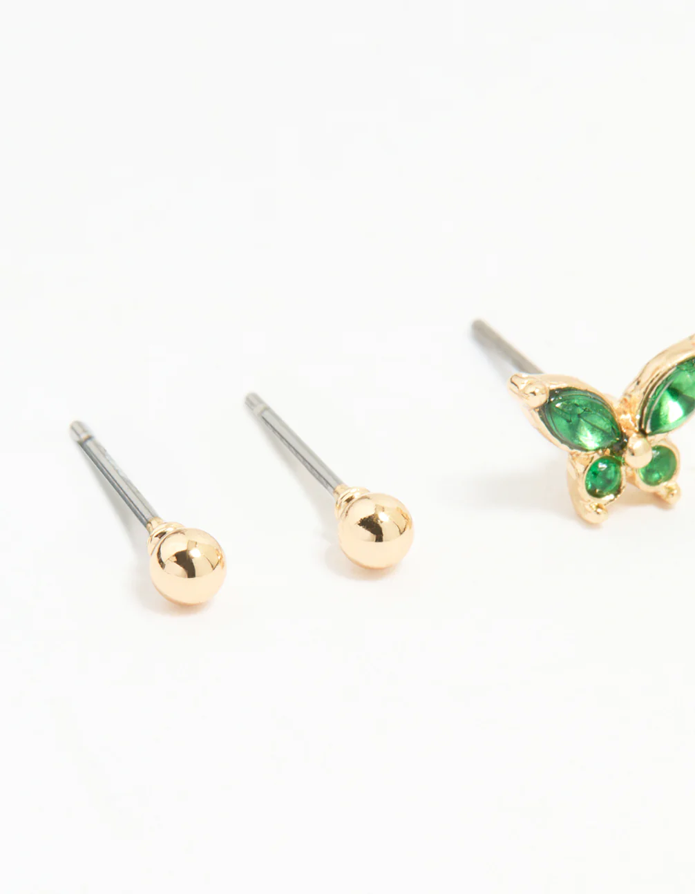 Gold Green Diamante Butterfly & Cross Mixed Stud Earrings 3-Pack - Image 4