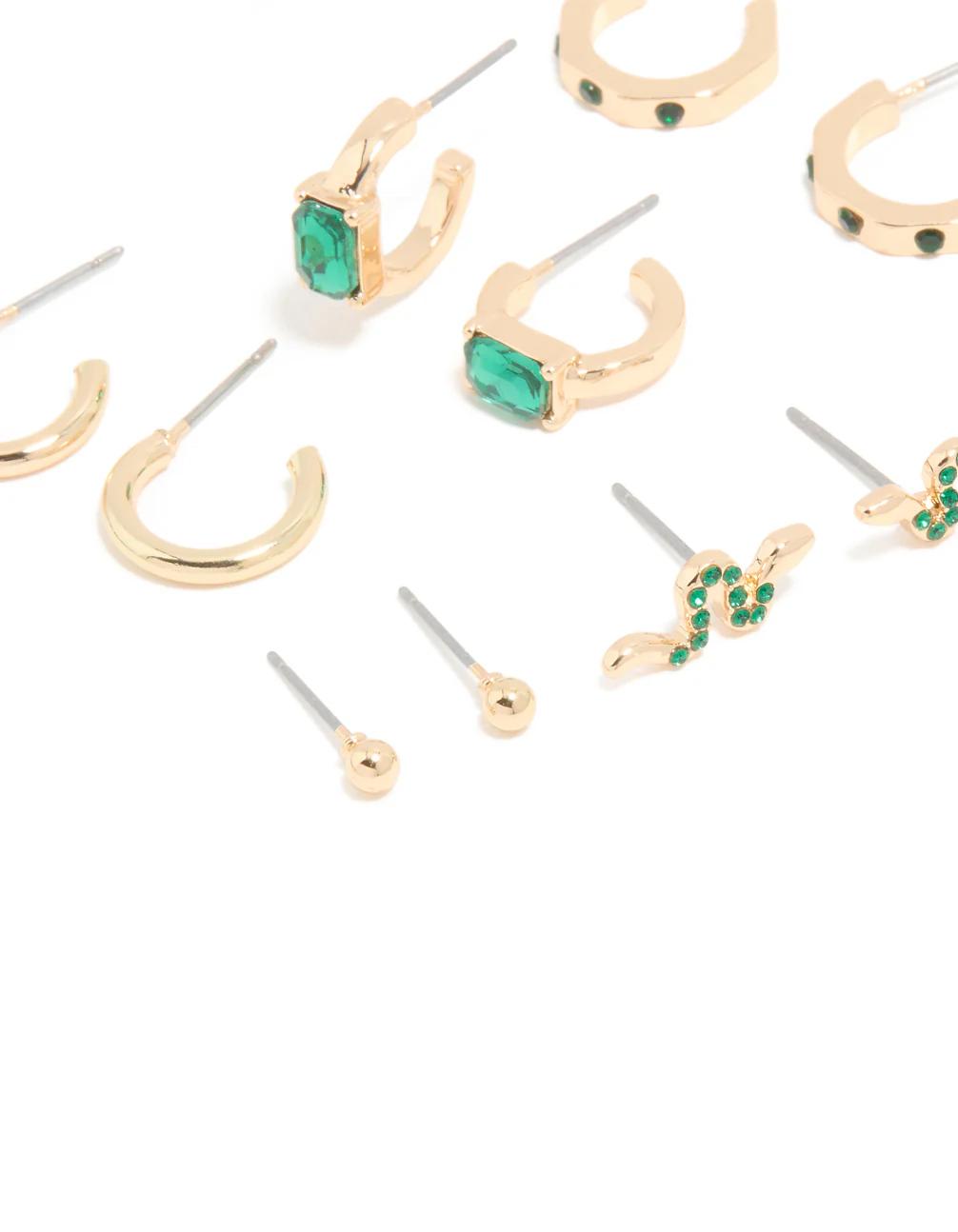 Gold Green Diamante Cross & Snake Earrings 6-Pack - Image 2