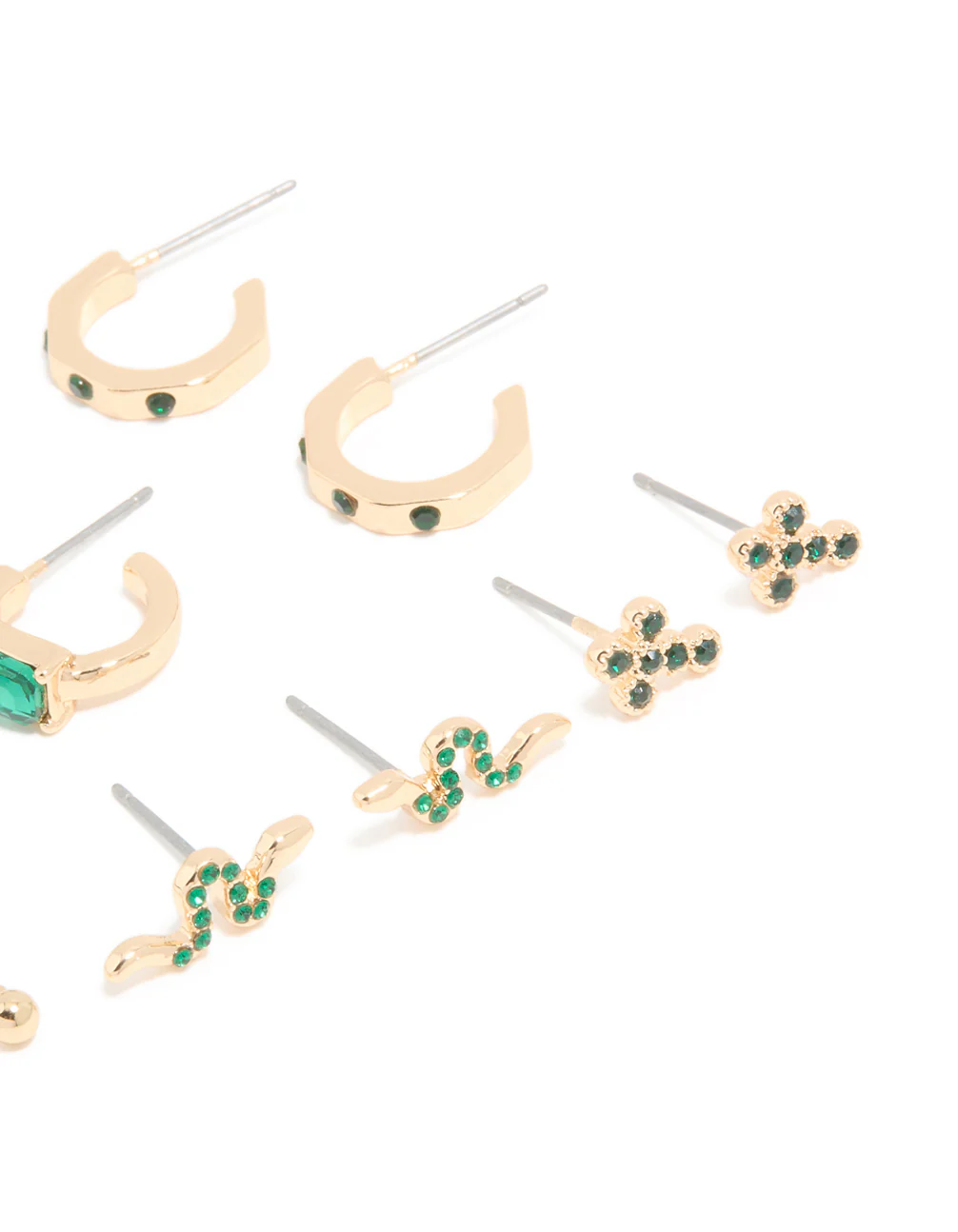 Gold Green Diamante Cross & Snake Earrings 6-Pack - Image 3