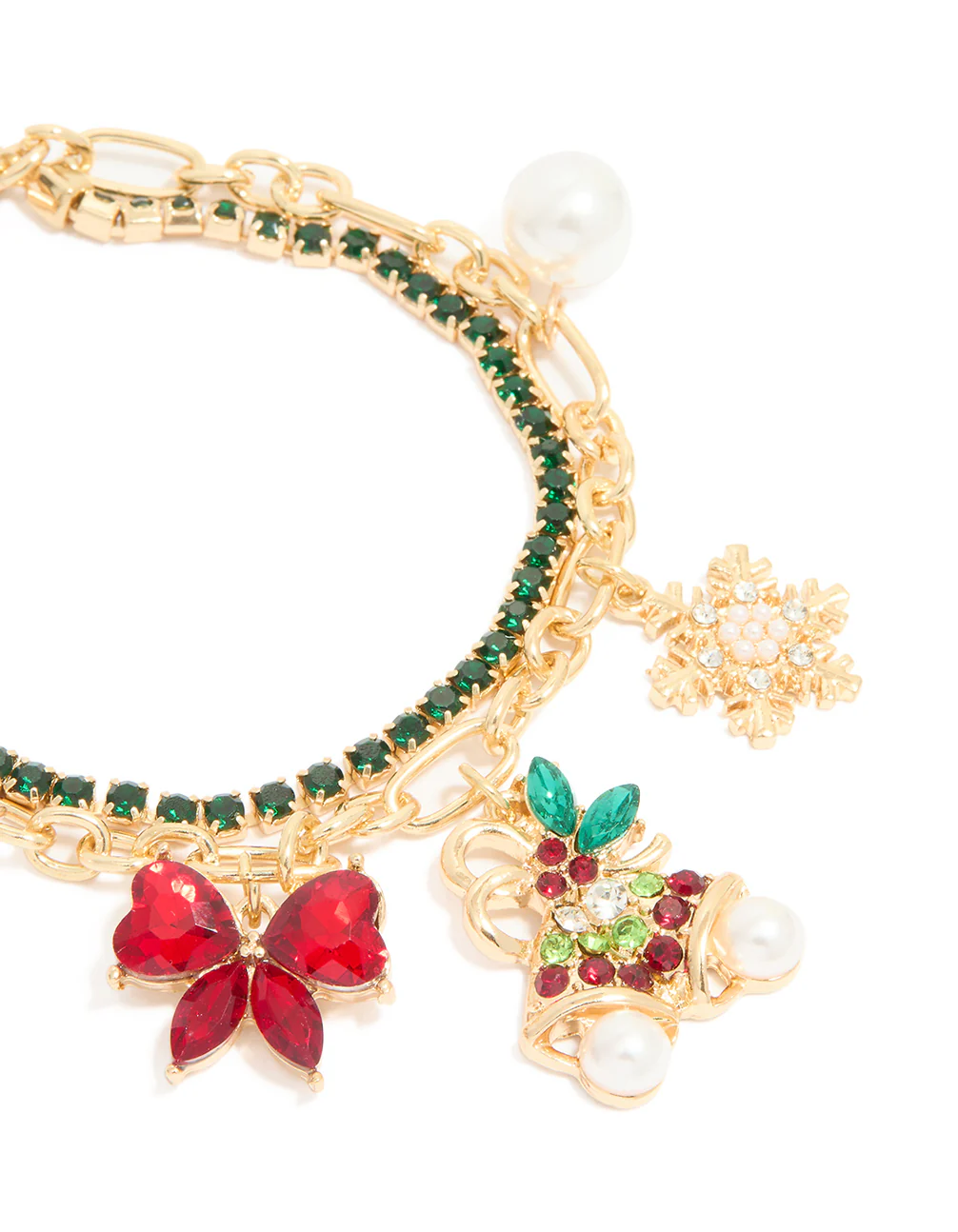Gold Green Diamante Cup Chain & Festive Charm Layered Bracelet - Image 2