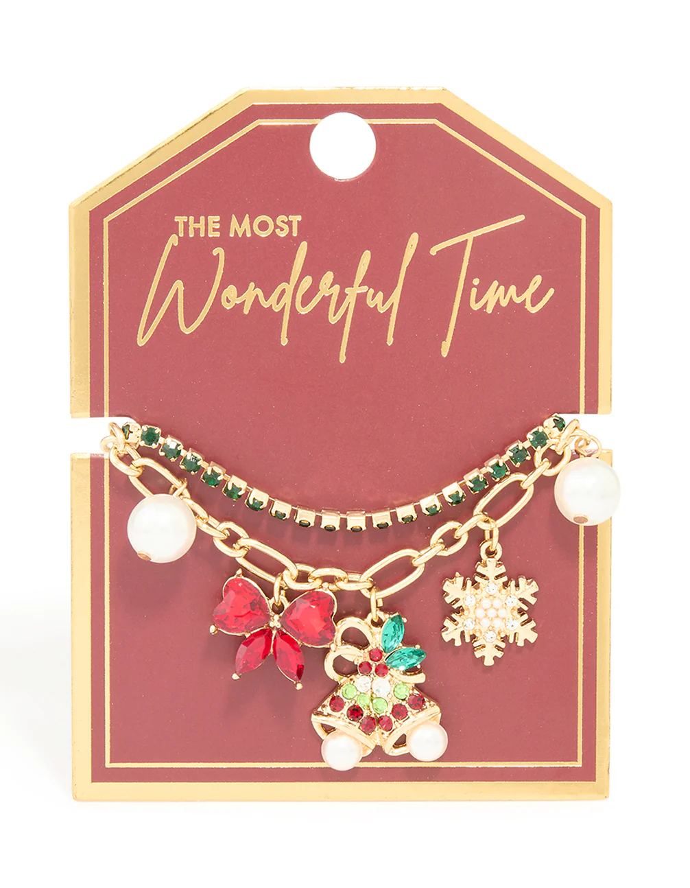 Gold Green Diamante Cup Chain & Festive Charm Layered Bracelet - Image 3