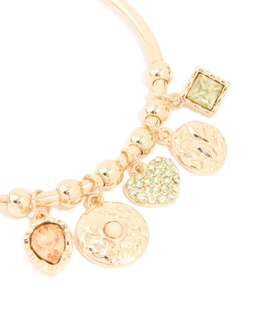 Gold Green Diamante Heart & Disc Charm Bangle - Image 2