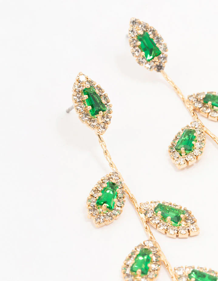 Gold Green Diamante Leaf Drop Earrings - Image 2