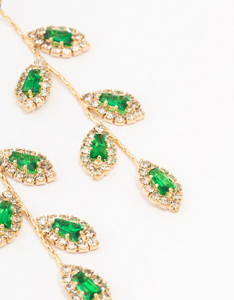 Gold Green Diamante Leaf Drop Earrings - Image 3