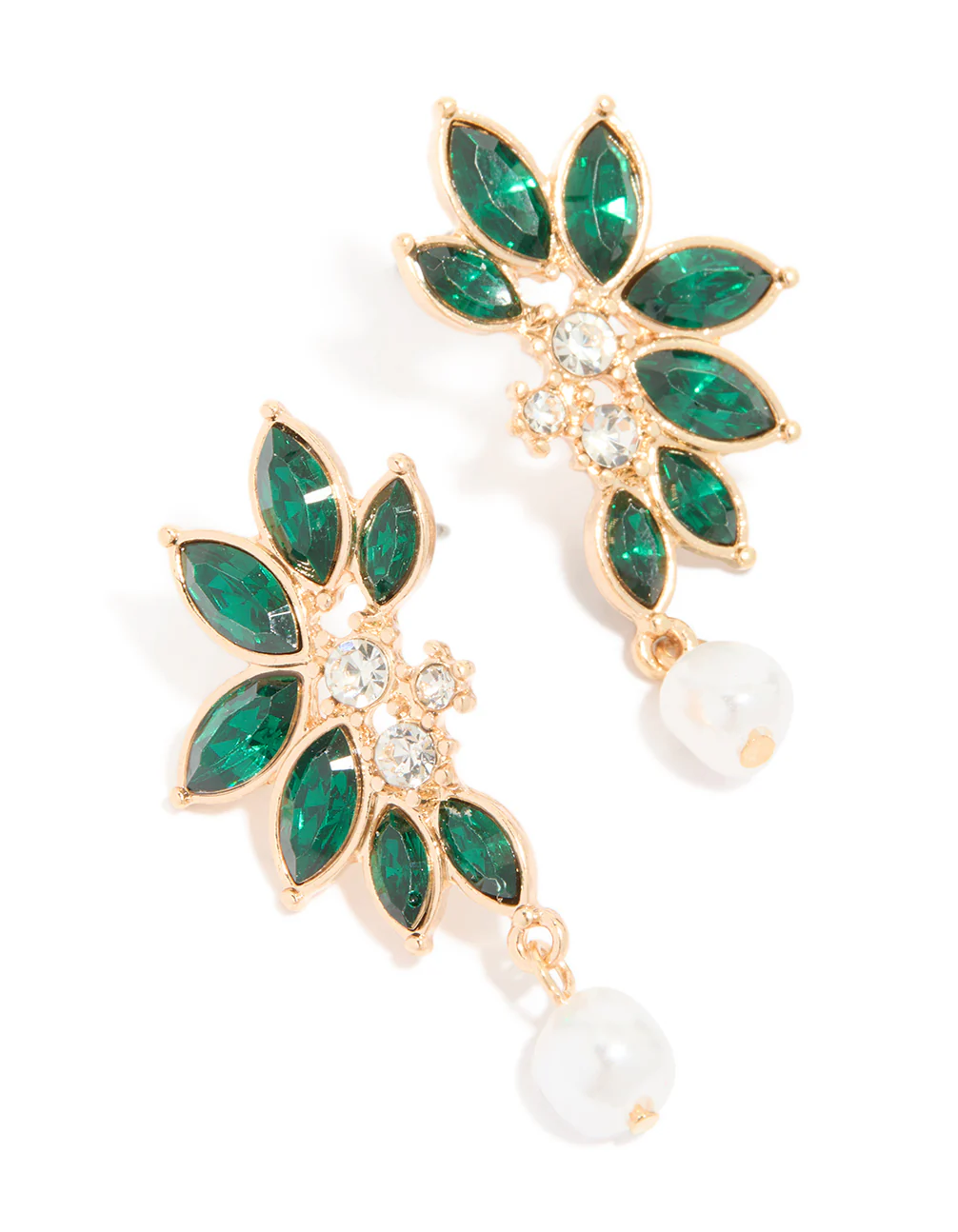 Gold Green Diamante & Pearl Marquise Stud Earrings - Image 2