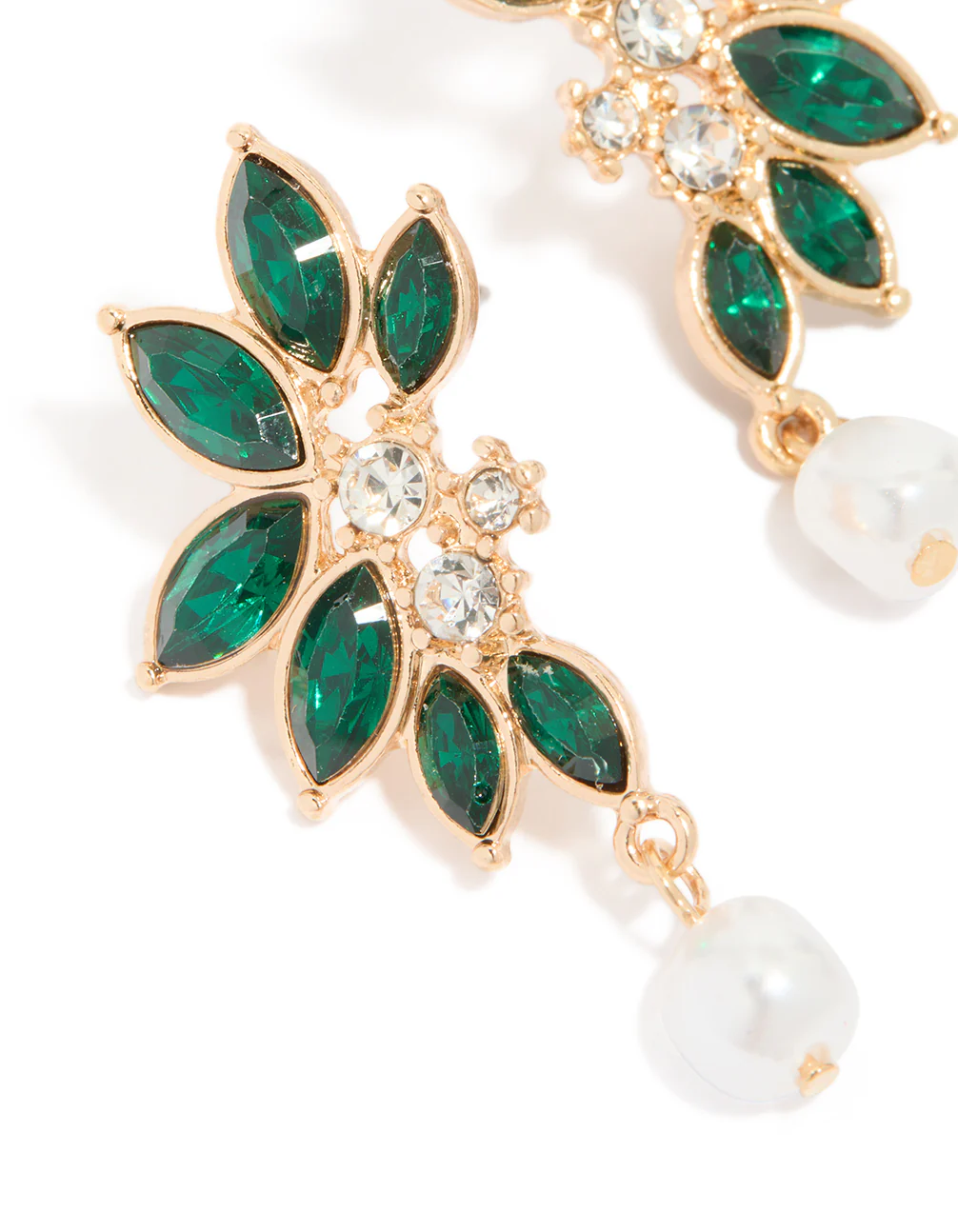 Gold Green Diamante & Pearl Marquise Stud Earrings - Image 3