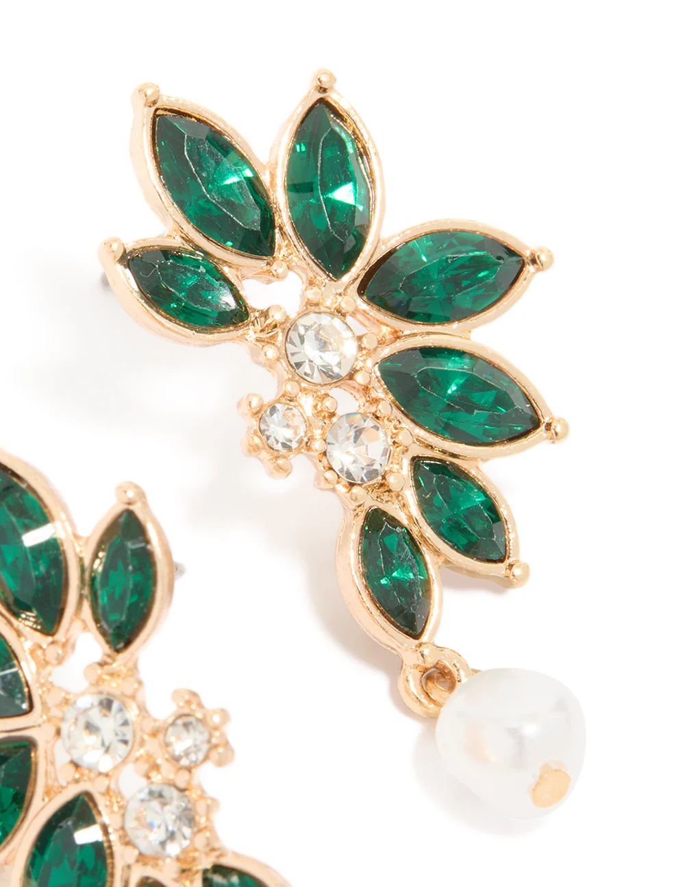 Gold Green Diamante & Pearl Marquise Stud Earrings - Image 4