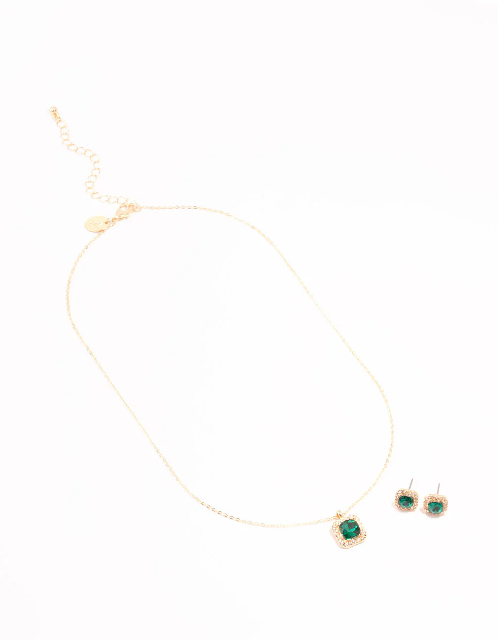 Green Diamante Square Halo Gold Necklace & Stud Earrings Set - Image 2