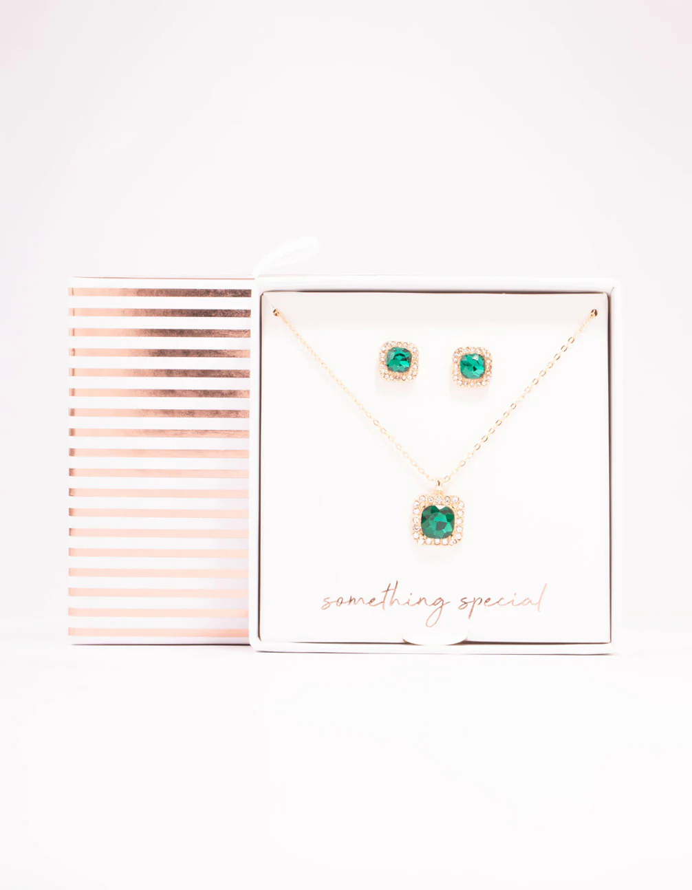 Green Diamante Square Halo Gold Necklace & Stud Earrings Set - Image 3