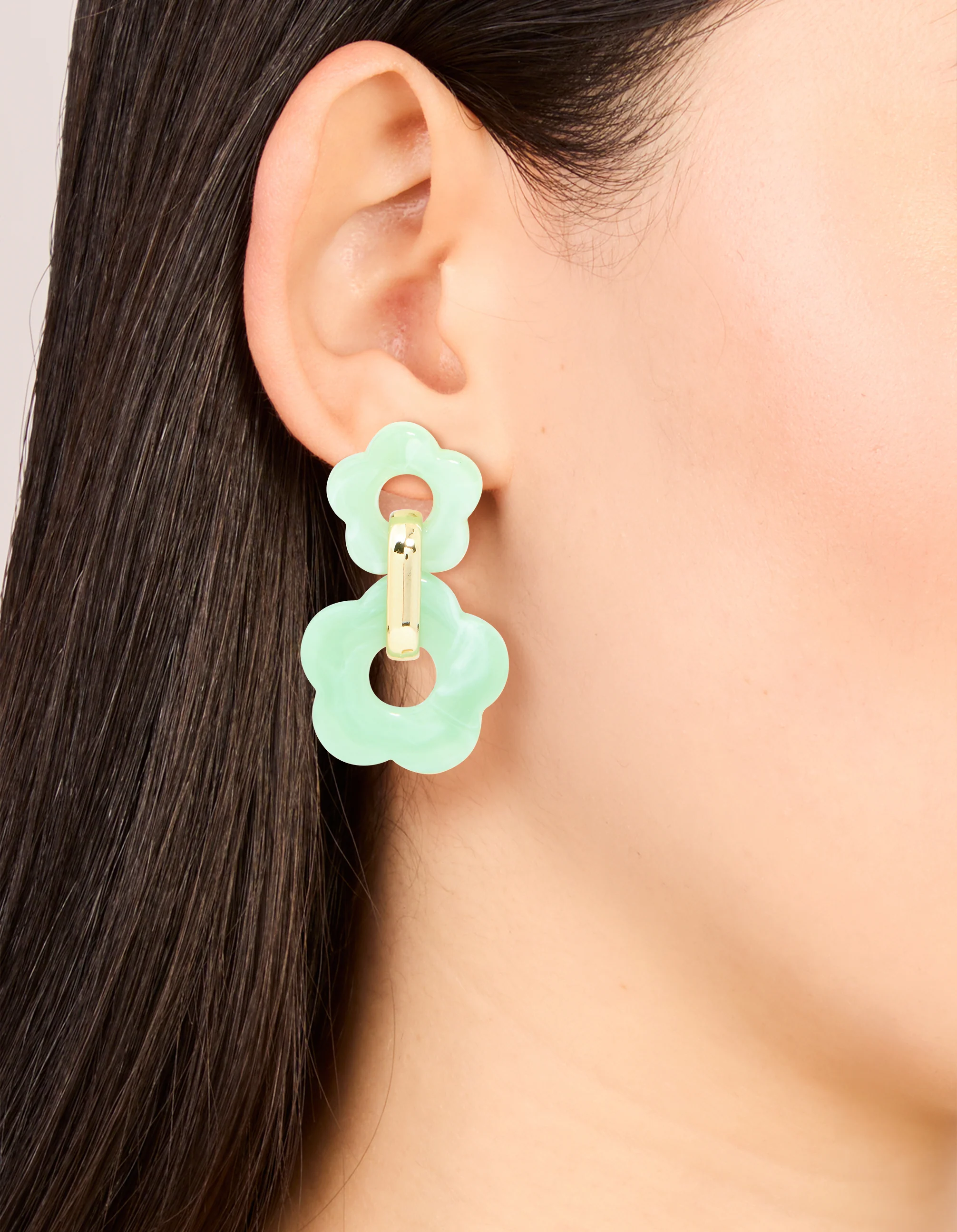 Gold Green Double Acrylic Flower Drop Earrings - Image 2
