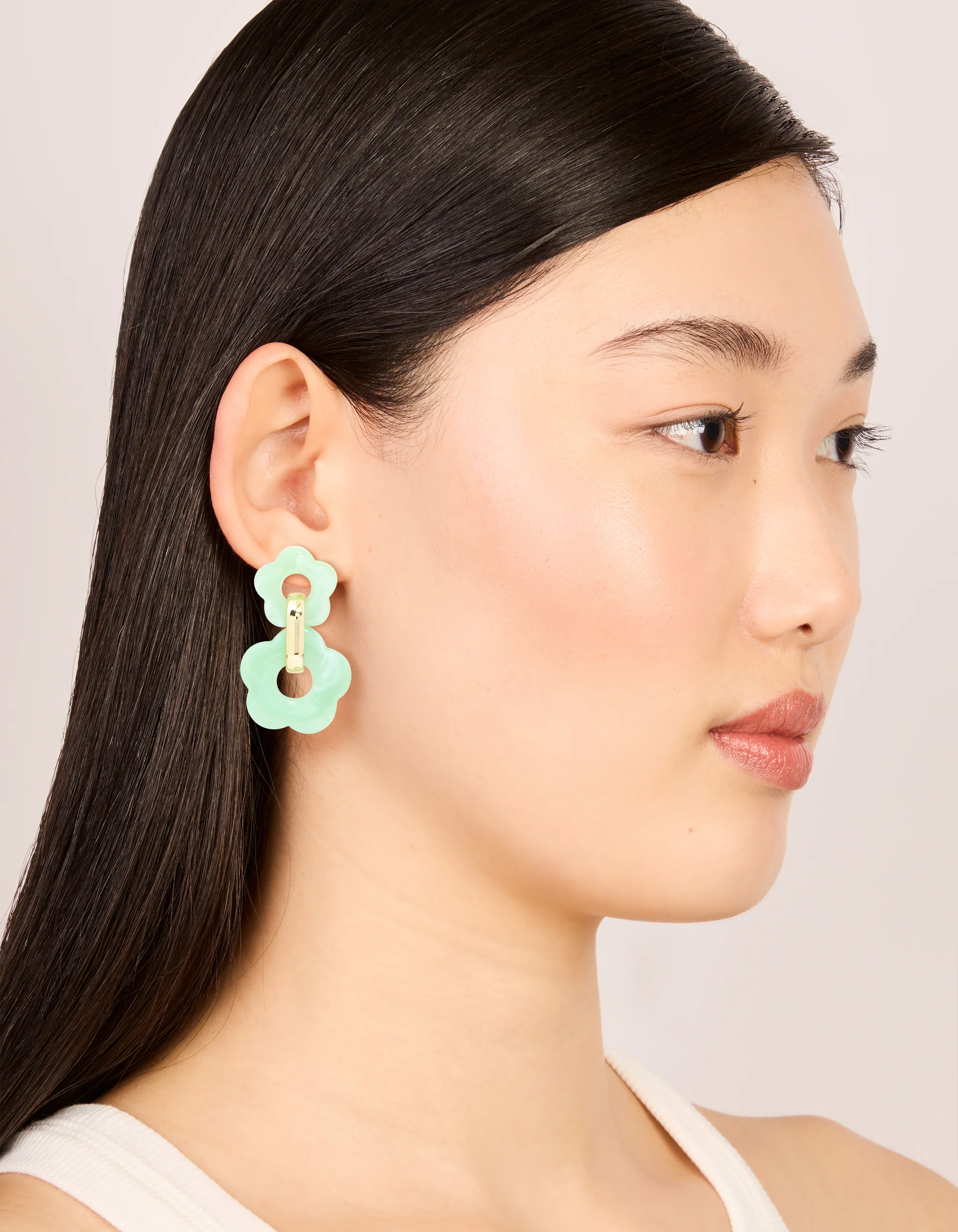 Gold Green Double Acrylic Flower Drop Earrings - Image 3