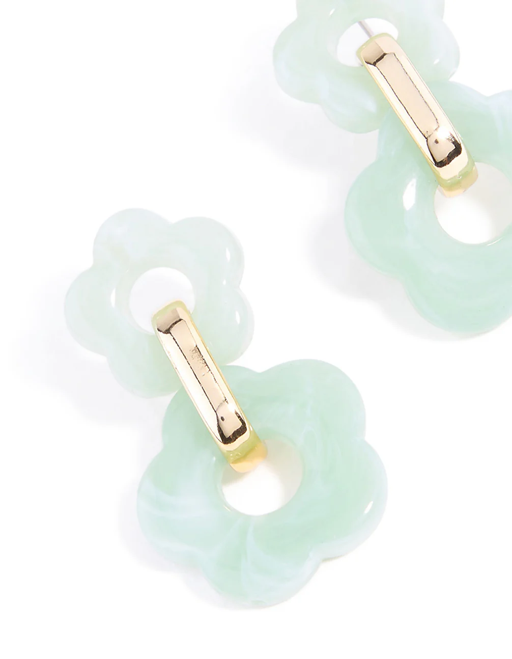 Gold Green Double Acrylic Flower Drop Earrings - Image 4