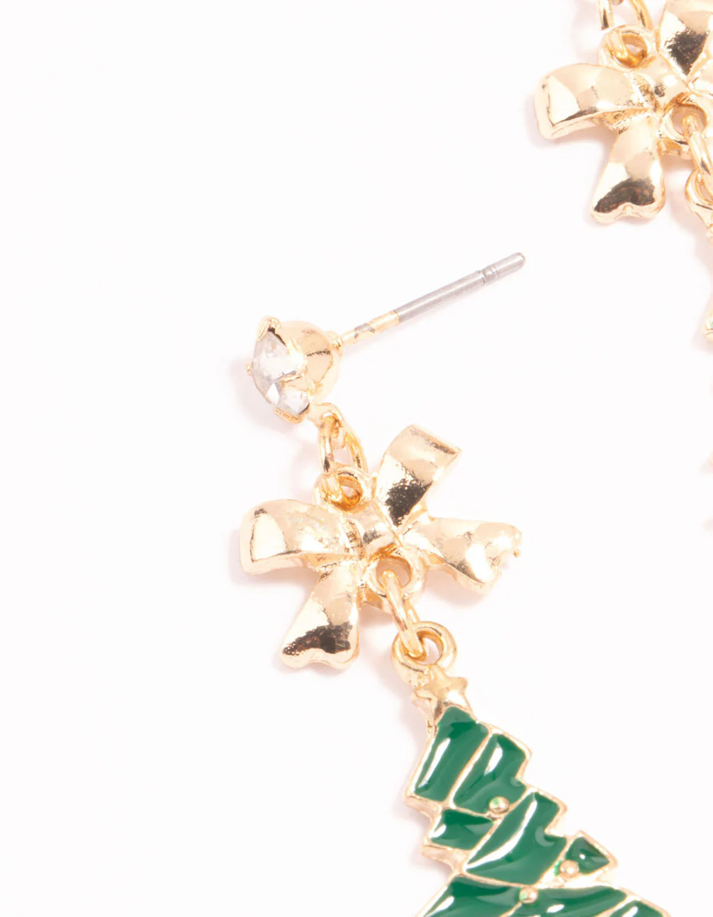 Gold Green Festive Tree & Green Diamante Present Drop Earrings 3-Pack - Image 2