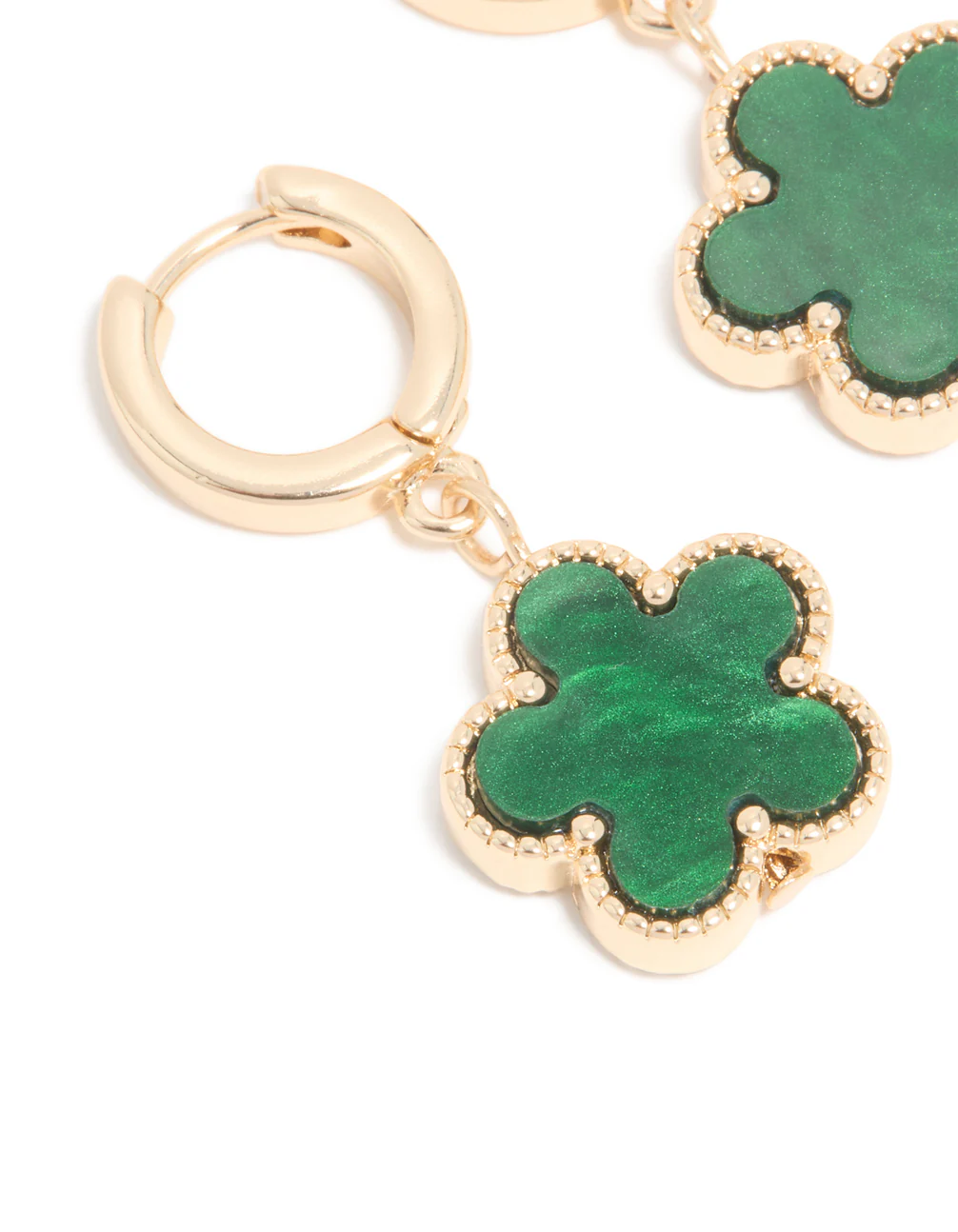 Gold Green Flower Drop Huggie Earrings - Image 4