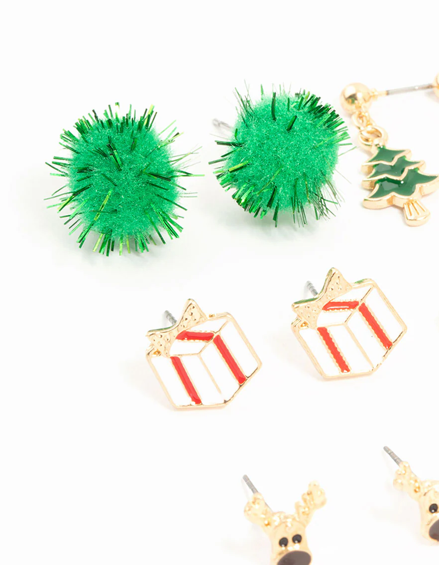Gold Green Pom Pom & Candy Cane Stud Earrings 12-Pack - Image 2