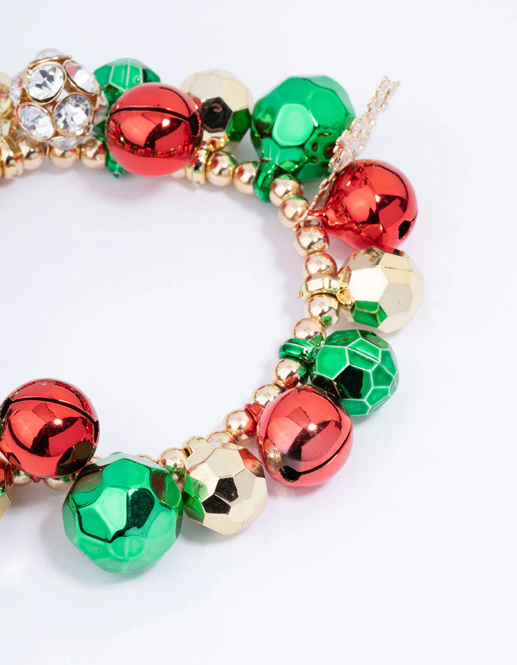 Gold Green & Red Jingle Bells Chunky Charm Stretch Bracelet - Image 2