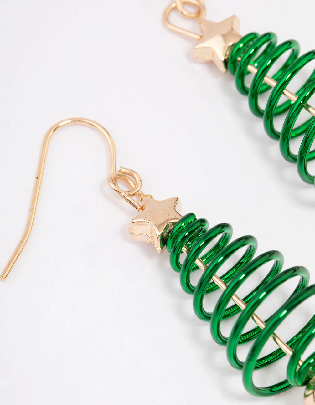 Gold Green Spiral Festive Tree Drop Earrings - Image 2