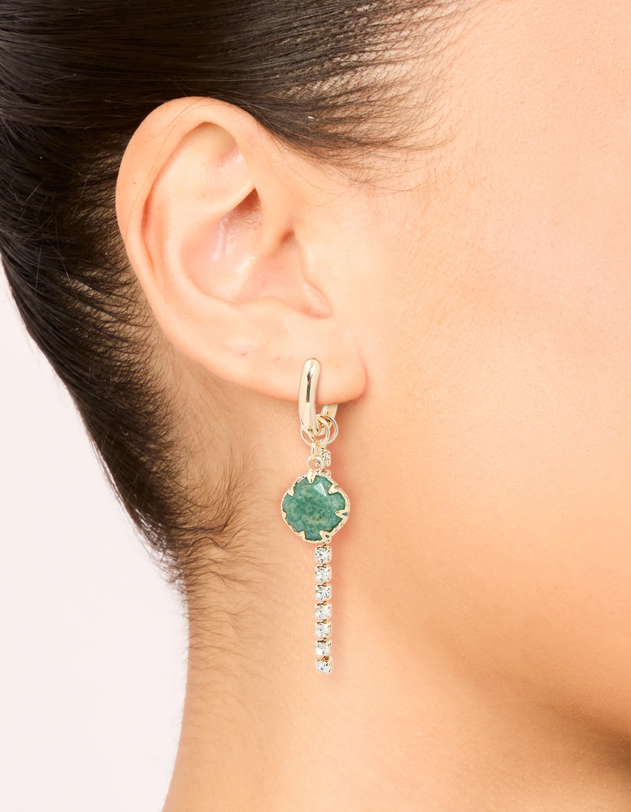 Gold Green Stone & Diamante Drop Chain Huggie Earrings - Image 2