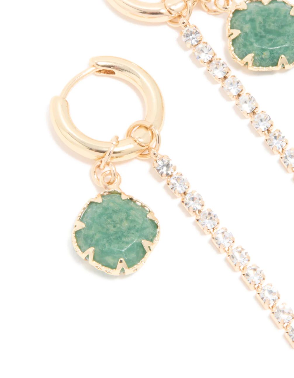 Gold Green Stone & Diamante Drop Chain Huggie Earrings - Image 4