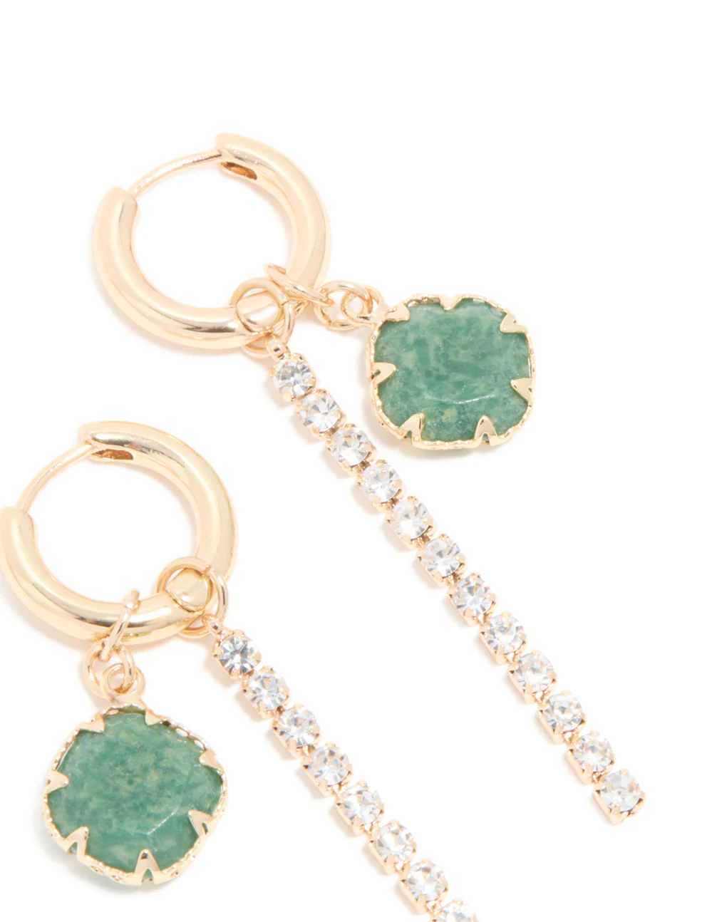 Gold Green Stone & Diamante Drop Chain Huggie Earrings - Image 5