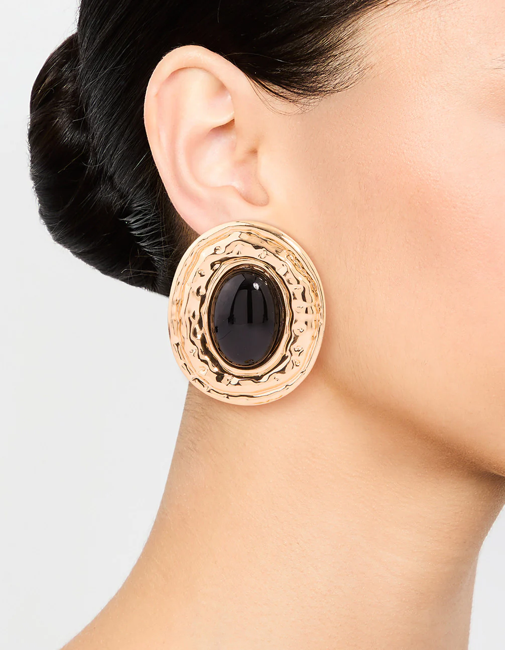 Gold Hammered Black Stone Stud Earrings - Image 2