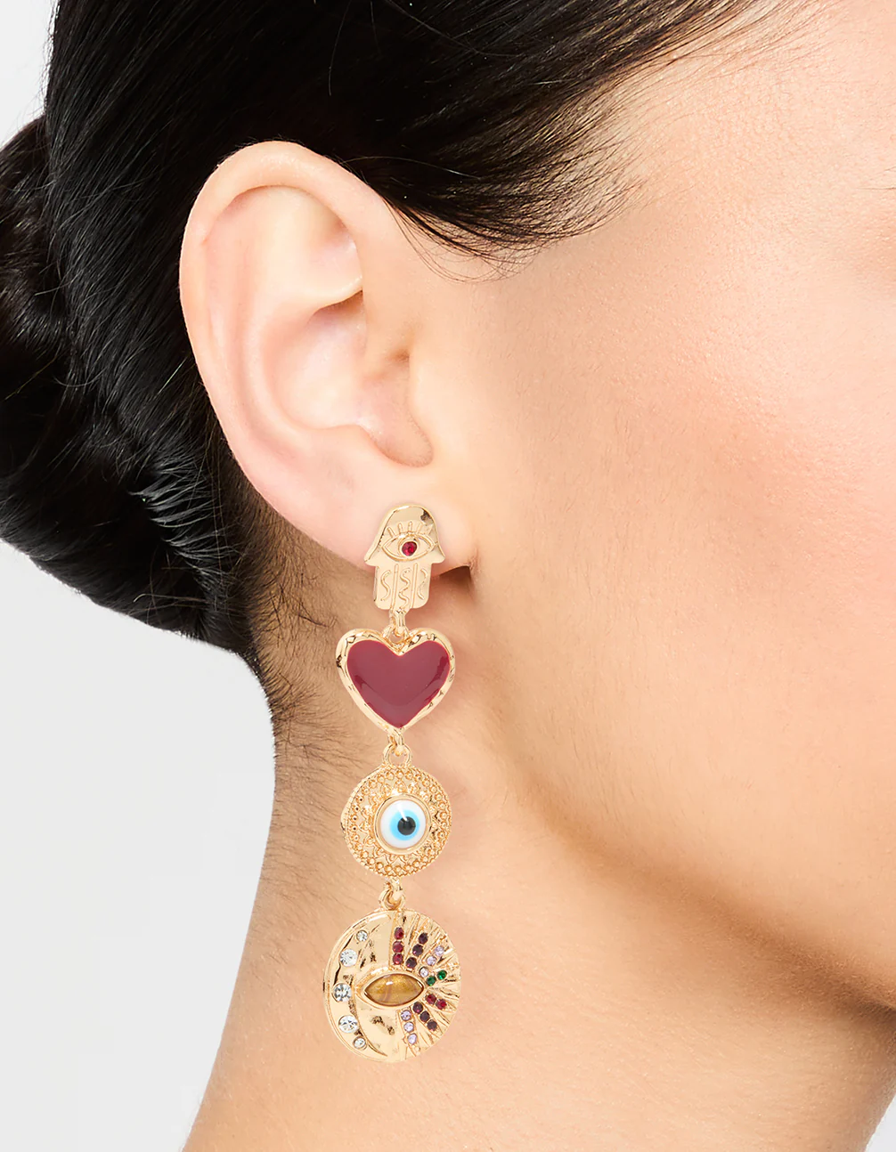 Gold Heart & Evil Eye Drop Earrings - Image 2